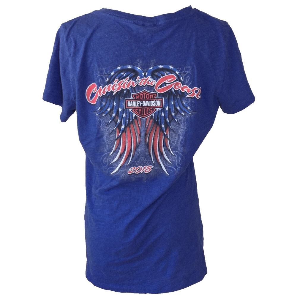Harley Davidson Cruisin the Coast 2018 Womens Blue V Neck Medium Graphic T Shirt